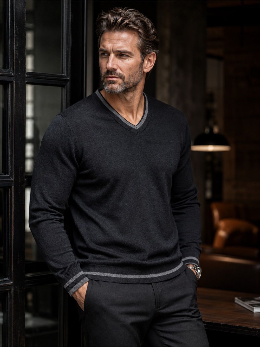 Jos.A.Bank Black Men’s V-Neck Long Sleeve Pullover Sweater 100% Merino Wool Size